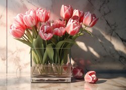 Pęk różowych tulipanów w szklanym wazonie