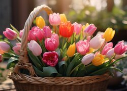 Pełen kosz rozświetlonych i kolorowych tulipanów