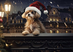 Pies w czapce Mikołaja obok latarni i choinki na tle domów