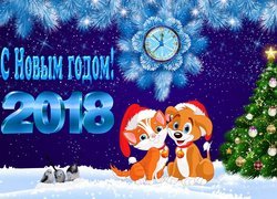 Piesek i kotek w czapkach Mikołaja witają Nowy Rok