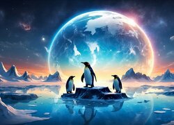 Pingwiny i skały nad morzem na tle planety