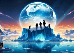 Pingwiny na górze lodowej na tle kuli ziemskiej