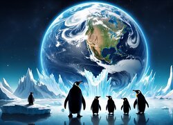 Pingwiny na tle planety Ziemia w grafice