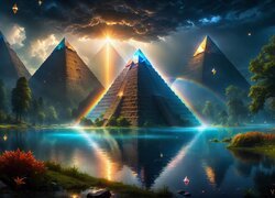 Piramidy i jezioro w promieniach słońca