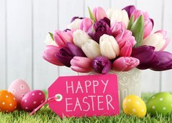 Kompozycja, Wielkanoc, Tulipany, Pisanki, Napis, Happy Easter