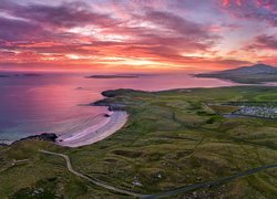 Wybrzeże, Morze, Plaża, Tra Dhearg Beach, Zachód słońca, Chmury, Hrabstwo Donegal, Irlandia