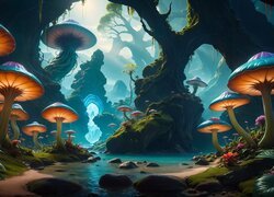 Podświetlone grzyby w bajkowym lesie