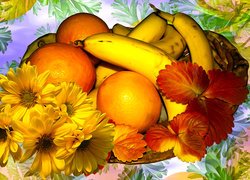 Owoce, Banany, Pomarańcze, Żółte, Kwiaty, Liście, Grafika