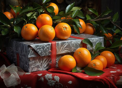 Pomarańcze na pudełku z prezentem i obok