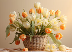 Pomarańczowe i kremowe tulipany w wiklinowym koszyku