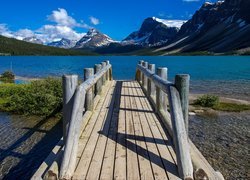 Góry, Jezioro, Bow Lake, Pomost, Krzewy, Park Narodowy Banff, Alberta, Kanada
