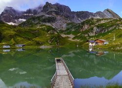 Jezioro, Zurser See, Pomost, Domy, Góry, Austria