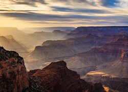Skały, Góry, Wschód słońca, Park Narodowy Wielkiego Kanionu, Wielki Kanion Kolorado, Grand Canyon, Stany Zjednoczone