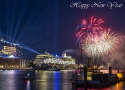 Nowy Rok, Sylwester, Port, Fajerwerki, Statek pasażerski, Mein Schiff 6, Hamburg, Niemcy