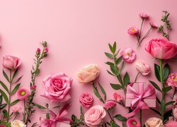 Prezencik i różne kwiaty na różowym tle