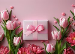 Prezent z kokardą i różowe tulipany na różowym tle