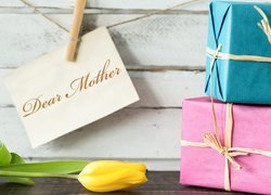 Dzień Matki, Tulipan, Prezenty, Karteczka, Napis, Dear Mother