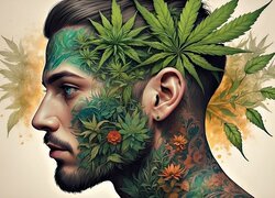 Profil mężczyzny z tatuażem i liśćmi na głowie i twarzy