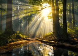 Promienie słońca wśród drzew nad leśnym strumieniem
