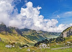Skały, Drzewa, Chmury, Przełęcz, Klausenpass, Góry, Alpy Glarneńskie, Szwajcaria
