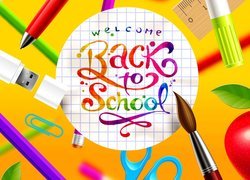 Przybory szkolne i napis Back to school