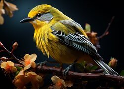 Ptak na gałązce z żółtymi kwiatkami