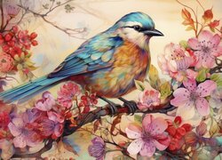Ptak na ukwieconej kolorowymi kwiatkami gałązce