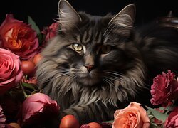 Puszysty ciemny kot wśród róż