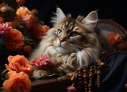 Puszysty kot w fotelu obok kwiatów