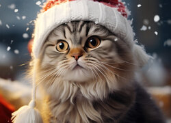 Puszysty kotek w czapce i padający śnieg