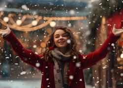 Radosna dziewczyna w padającym śniegu