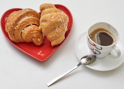 Kawa, Croissanty, Rogale, Filiżanka, Spodek, Łyżeczka, Serce