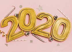 Nowy, Rok, Cyfry, 2020, Bombki, Świeczki, Gwiazdki