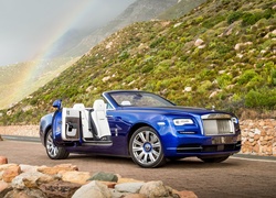 Niebieski, Rolls-Royce Dawn, 2016, Kabriolet, Tęcza, Kamienie, Wzgórza, Droga
