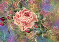 Róża z pąkami i liśćmi w 2D