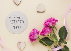 Dzień Matki, Serduszka, Róże, Wstążka