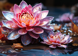 Rozkwitnięte kolorowe kwiaty na wodzie w zbliżeniu