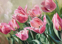 Rozkwitnięte różowe tulipany w malarstwie