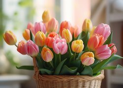 Rozmyte tło i koszyk pełen kolorowych tulipanów