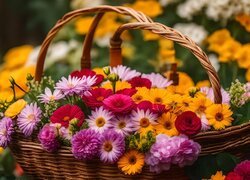 Różne rodzaje kolorowych kwiatów w koszyku