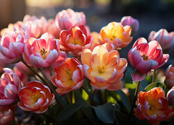 Różnokolorowe rozświetlone tulipany