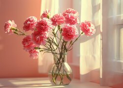 Różowe goździki w szklanym wazonie przy oknie