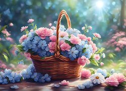 Różowe i niebieskie kwiaty w koszyku w słonecznym blasku