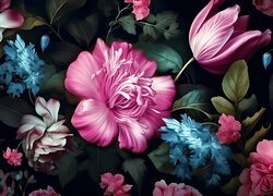 Różowe i niebieskie kwiaty wśród liści