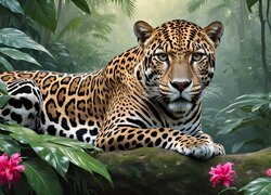 Różowe kwiaty i jaguar leżący na omszałym głazie pod drzewami