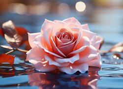Rozświetlona różowa róża z listkami w wodzie