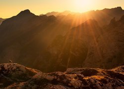 Góry, Alpy Julijskie, Góra Bovski Gamsovec, Promienie słońca, Zbocze, Koza górska, Słowenia