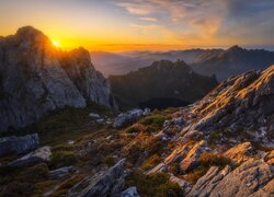 Zachód słońca, Skały, Góry, Arthur Range, Tasmania, Australia