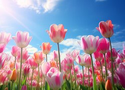 Rozświetlone dwukolorowe tulipany na tle nieba