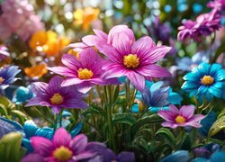 Rozświetlone kolorowe kwiaty w grafice